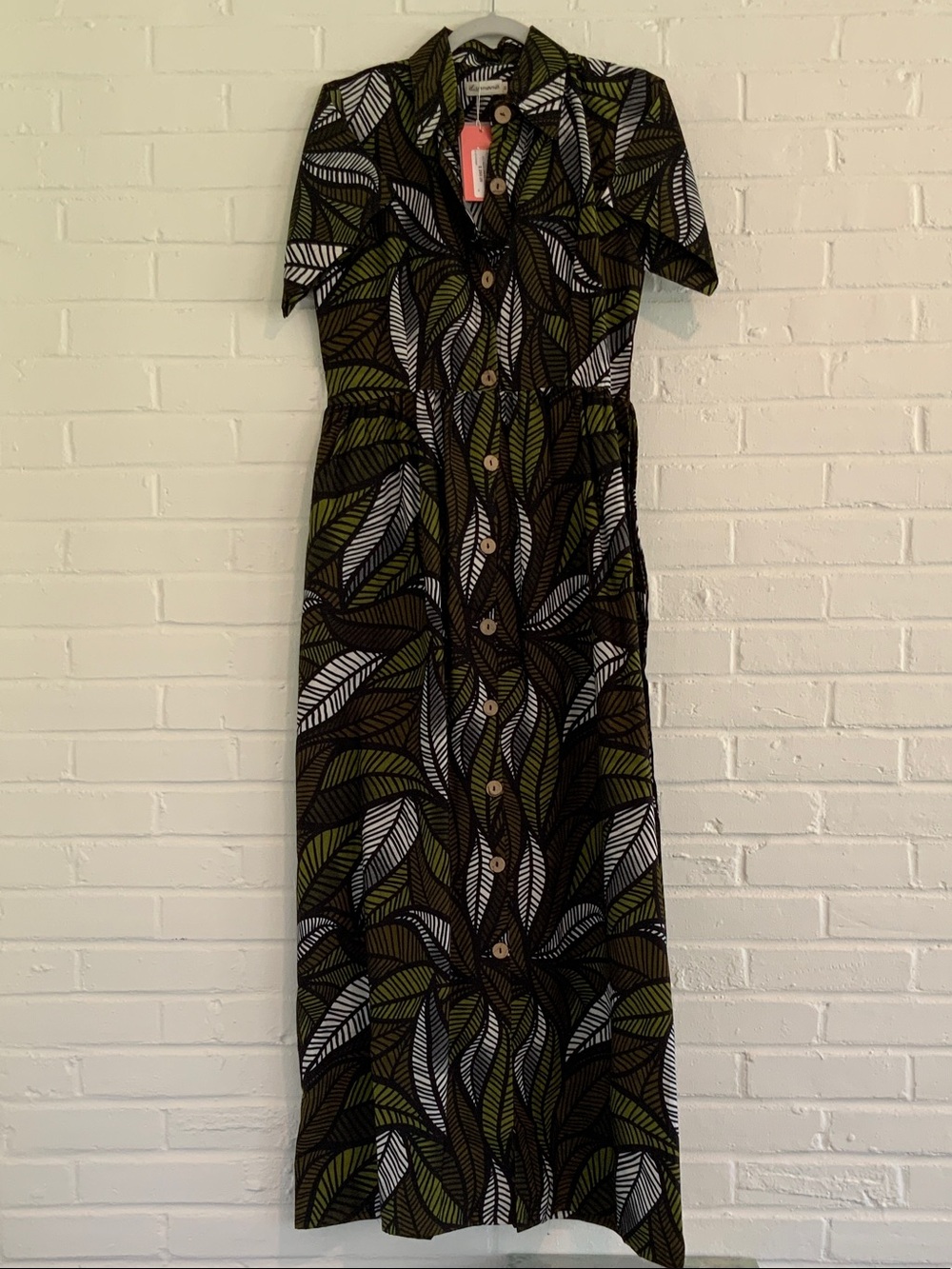 Leaf-Print Button-Front Maxi Dress in Olive and White